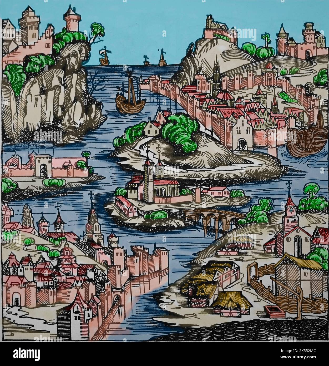 Littaw a été attribué au « roi de Pologne ». Paysage polonais rempli de châteaux, villages, églises et bateaux. Liber Chronicarum, 1493. Gravure. Banque D'Images