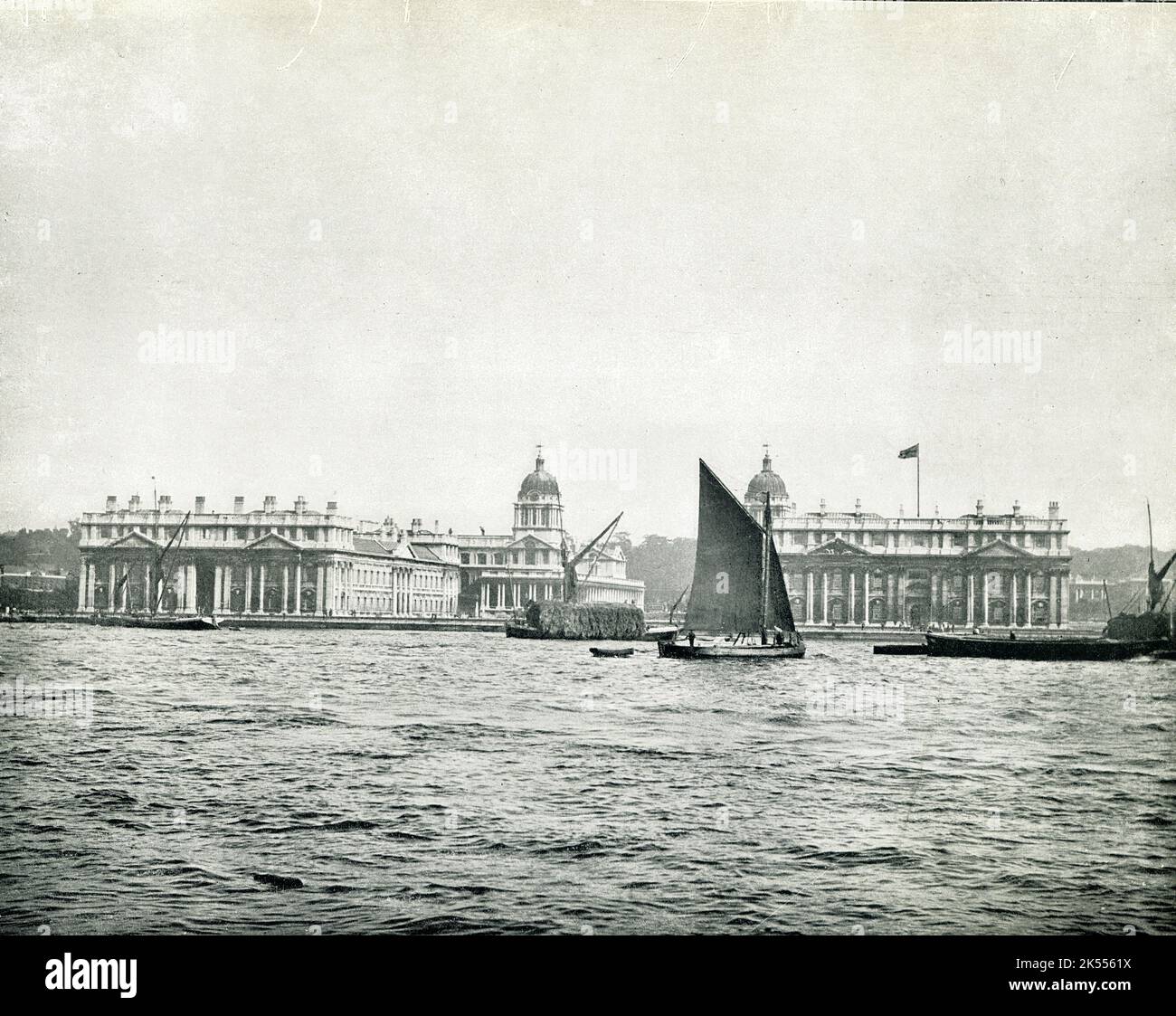 Greenwich Hospital, Londres, vue historique de l'ancien Royal Hospital for Seamen sur la Tamise Banque D'Images