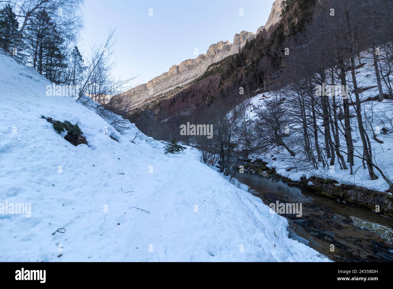 sentier enneigé le long de la rivière dans le parc national d'ordesa dans les pyrénées espagnoles Banque D'Images