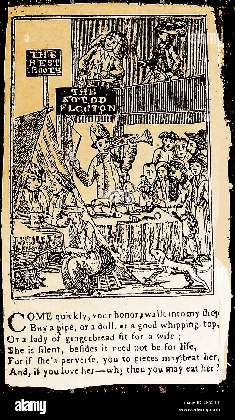 Une page d'un livre pour enfants du début du 19th siècle montrant une scène à une foire de campagne avec des stands vendant des jouets et de la nourriture/ la scène comporte également un jester , un homme jouant un tambour et un chien, avec un poème joint. Banque D'Images
