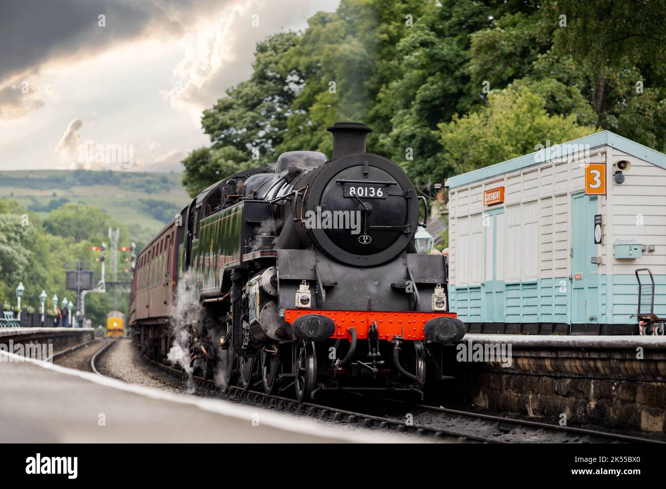 Yorkshire Railways, Royaume-Uni - ancien train à vapeur en gare avec cheminée pour transporter des passagers dans un style de transport ancien Banque D'Images