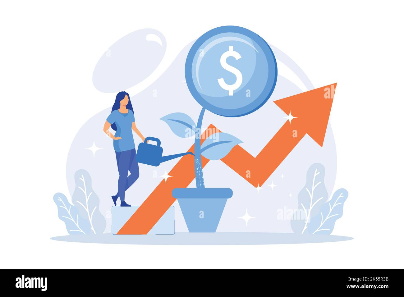 Investissement financier. Analyse des tendances du marché, investir dans des domaines lucratifs, se concentrer sur des projets rentables. Projet de financement d'entreprise de femme d'affaires. Illustration de Vecteur