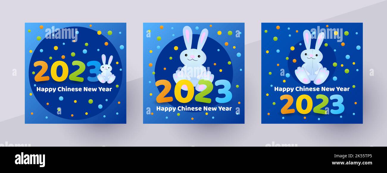 Nouvel an chinois 2023 année du lapin. Modèle de publication sociale ou de couverture. Carte de voeux. Joli dessin animé lapin et numéro 2023. Illustration vectorielle Illustration de Vecteur