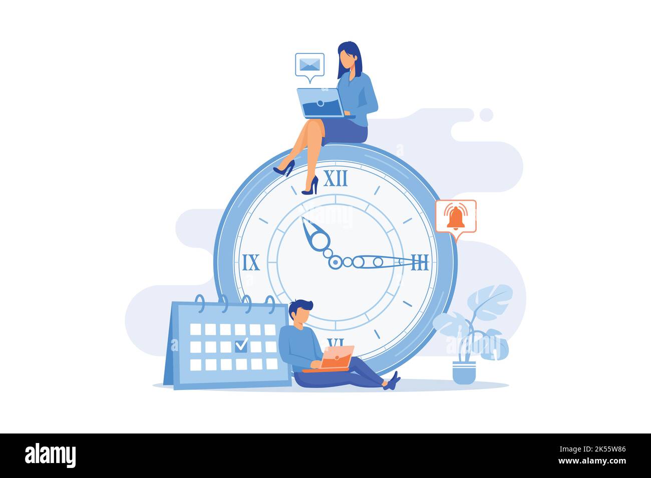 Gestion du temps outil de suivi du temps, logiciel de gestion, planification efficace, productivité au travail, horloge, système de contrôle, conception à plat du programme de projet Illustration de Vecteur