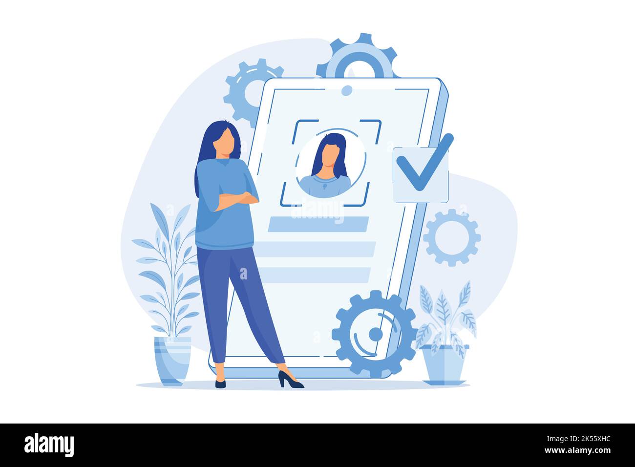 Technologies de vérification processus de vérification, accès aux données, mot de passe utilisateur, compte de médias sociaux, analyse de l'iris, reconnaissance faciale, conception plate de sécurité Illustration de Vecteur