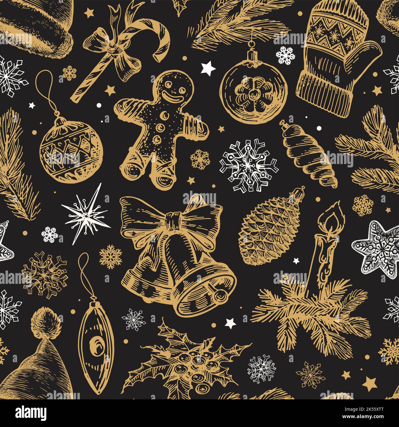 Fond sans couture pour Noël. Motif de décorations des fêtes. Illustration vectorielle dessinée à la main dans un style vintage Illustration de Vecteur