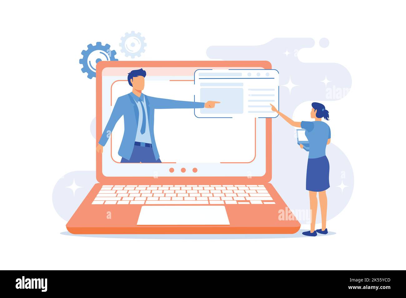 Leçons en ligne sur la chimie. Présentation biochimiste, cours de sciences, e-learning. Personnage de dessin animé d'un employé de laboratoire expliquant les recherches pharmaceutiques Illustration de Vecteur