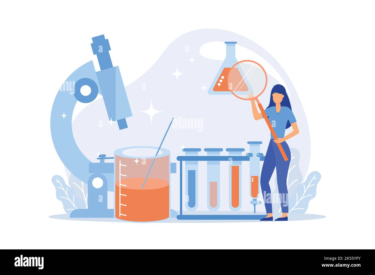 Cours d'université de sciences. Recherche en chimie en laboratoire. Analyse de liquide, test de biochimie, examen d'échantillon. Affectation à un collège. Illustration de Vecteur