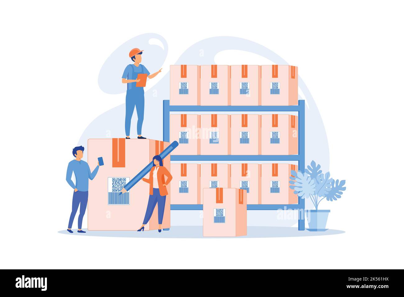 Employés dans l'entrepôt, l'entrepôt. Tri et étiquetage des articles. Lecture de codes-barres, logiciel de génération de codes-barres, concept de preuve de livraison mobile. Illustration de Vecteur