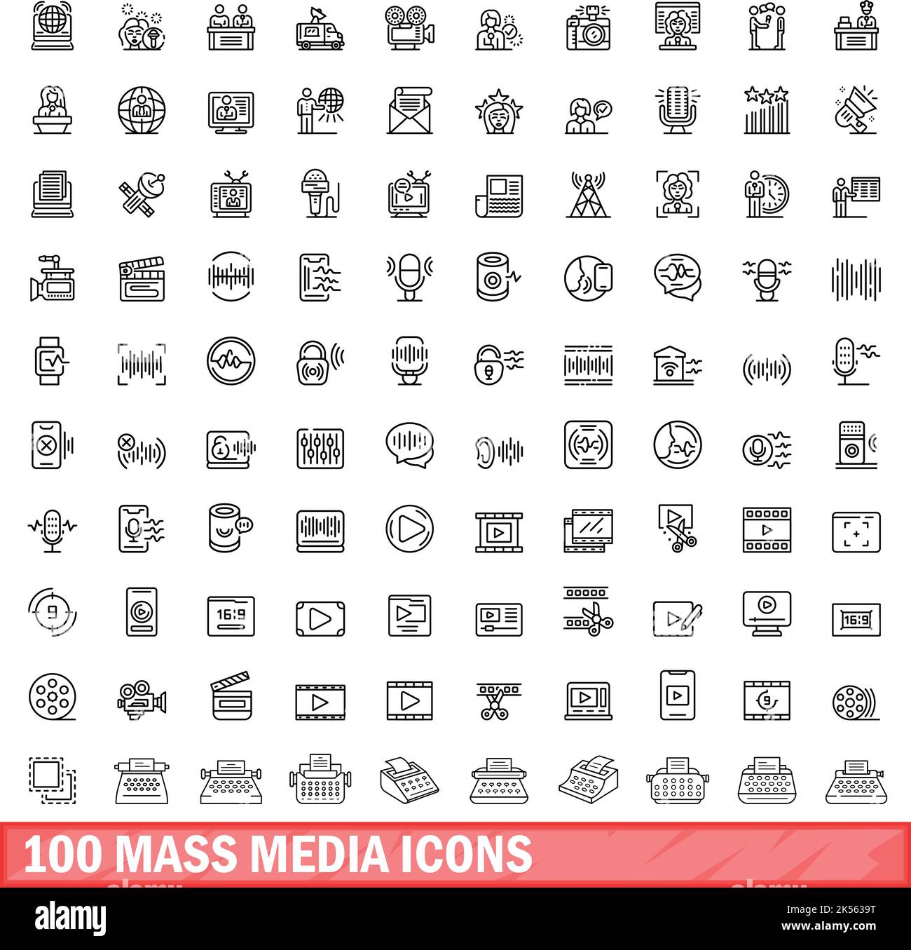 100 icônes de média de masse définies.Illustration du contour de 100 icônes de média de masse ensemble de vecteurs isolés sur fond blanc Illustration de Vecteur