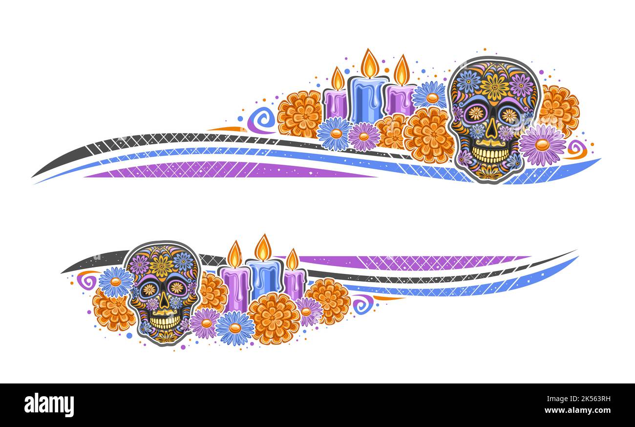 Bordure vectorielle pour le jour des morts avec espace de copie vide pour le texte, carte de vœux avec illustration de l'art décoratif crâne créepy, bougies en feu, fes Illustration de Vecteur