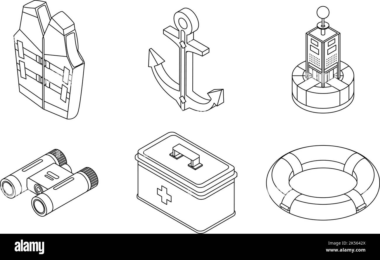 Jeu d'icônes de sécurité maritime. Un ensemble isométrique d'icônes de vecteur de sécurité maritime est défini sur un arrière-plan blanc Illustration de Vecteur