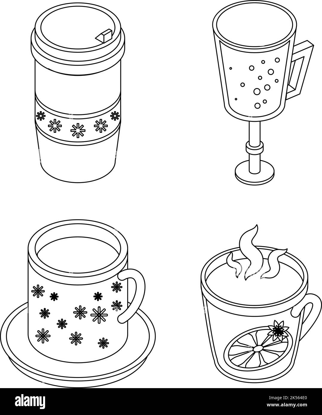 Ensemble d'icônes de vin chaud. Ensemble isométrique d'icônes de vecteur de vin chaud avec contour isolé sur fond blanc Illustration de Vecteur