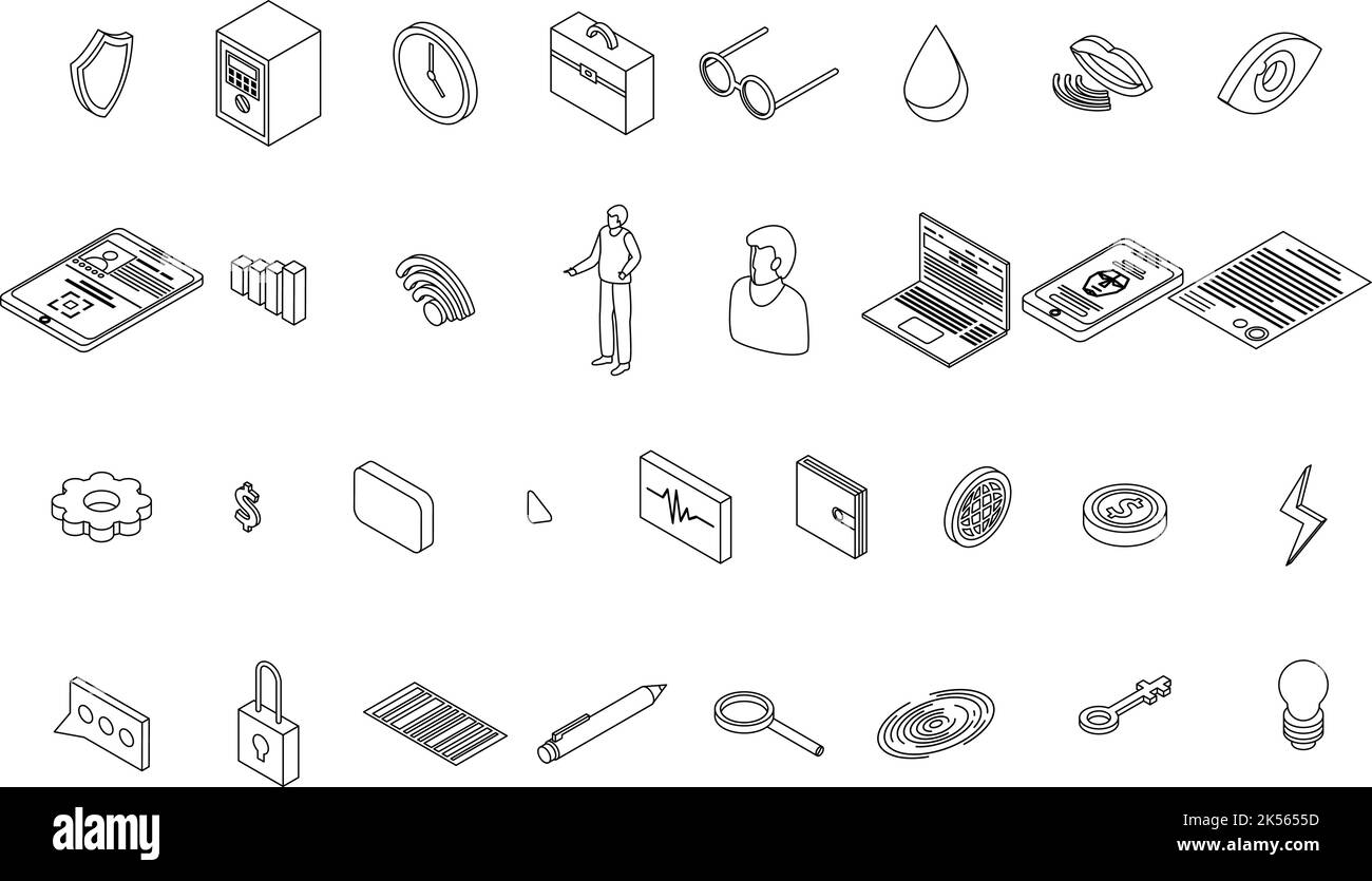 Icônes d'authentification biométrique définies. Ensemble isométrique d'icônes de vecteur d'authentification biométrique qui se trouvent sur fond blanc Illustration de Vecteur