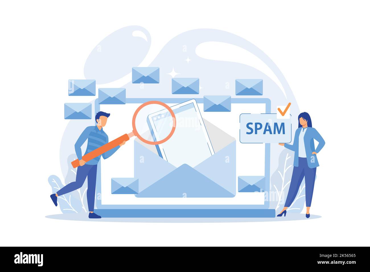 Les hommes d'affaires obtiennent la publicité, le phishing, la diffusion de programmes malveillants non sollicitées spam message. Spam, messages non sollicités, concept de diffusion de programmes malveillants. v Illustration de Vecteur