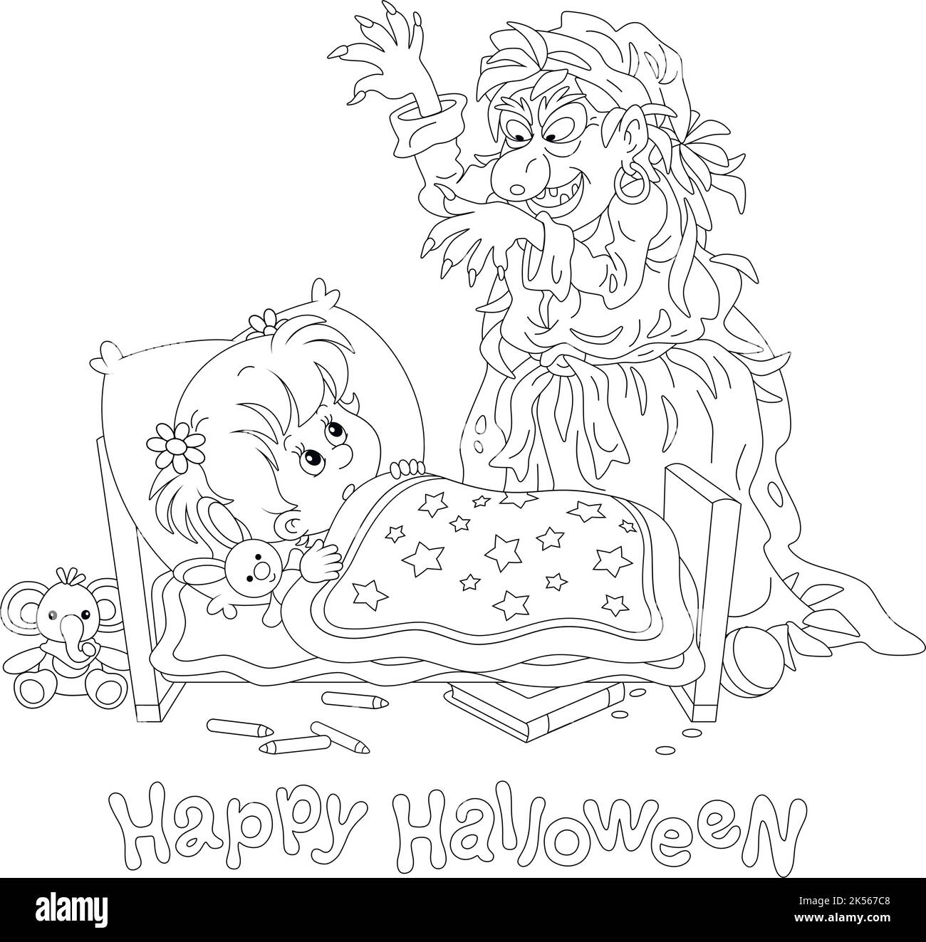 Bonne carte d'Halloween avec une sorcière en colère avec un sourire effrayant qui craque une petite fille dormant dans une pépinière lors d'une nuit de vacances sombre Illustration de Vecteur