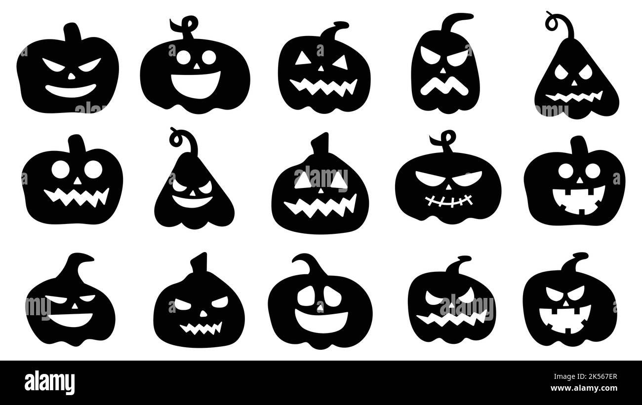 Silhouettes de citrouilles avec différentes expressions du visage sculptées. Personnage de dessin animé de citrouille d'Halloween. Icônes noires de citrouilles avec des émotions. Vecteur Illustration de Vecteur