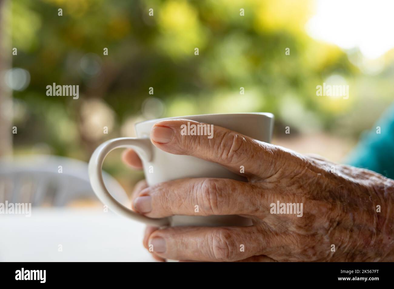 femme âgée mains tenant une tasse Banque D'Images