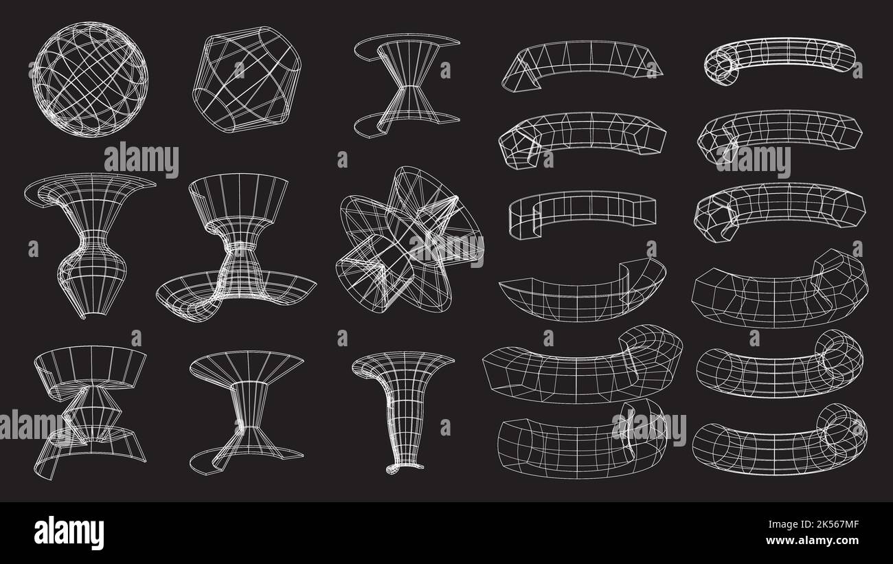Ensemble d'éléments technologiques géométriques abstraits de style cyberpunk. Collection rétro vintage 3D design numérique virtuel. Texture 80s vr. Futuriste Illustration de Vecteur