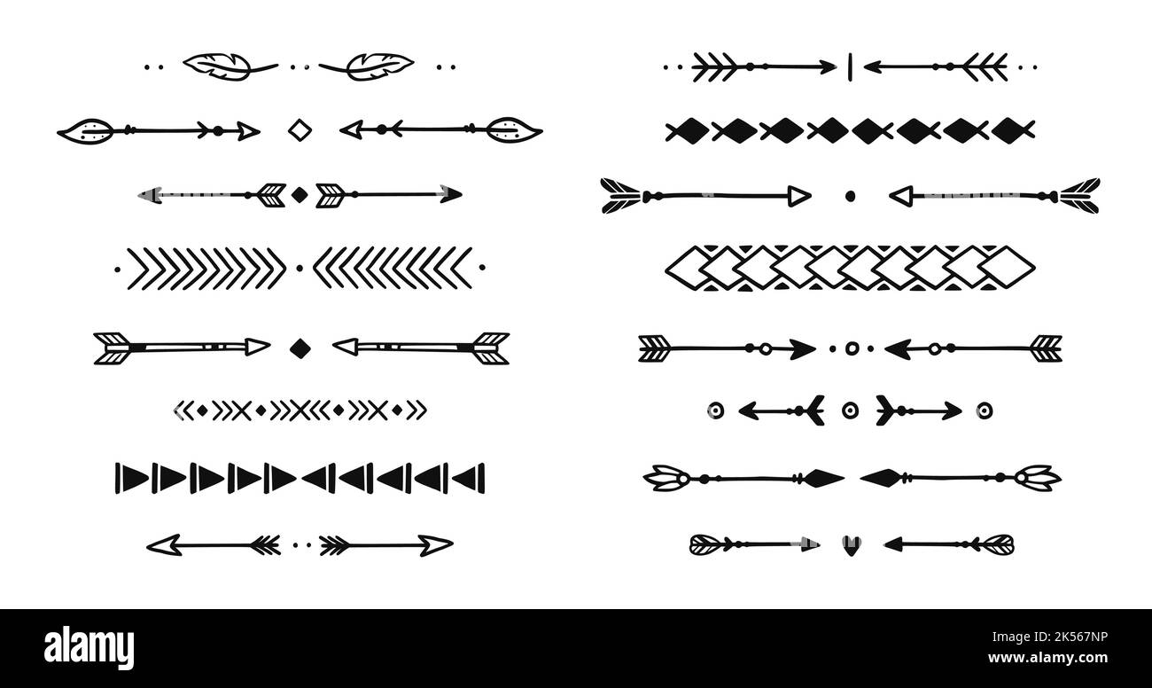 Ensemble d'éléments tracés à la main avec flèche mexicaine. Africain, aztèque rustique ethnique flèche, ornement diviseur. Décoration de style bohémien tribal. Illustration vectorielle. Illustration de Vecteur