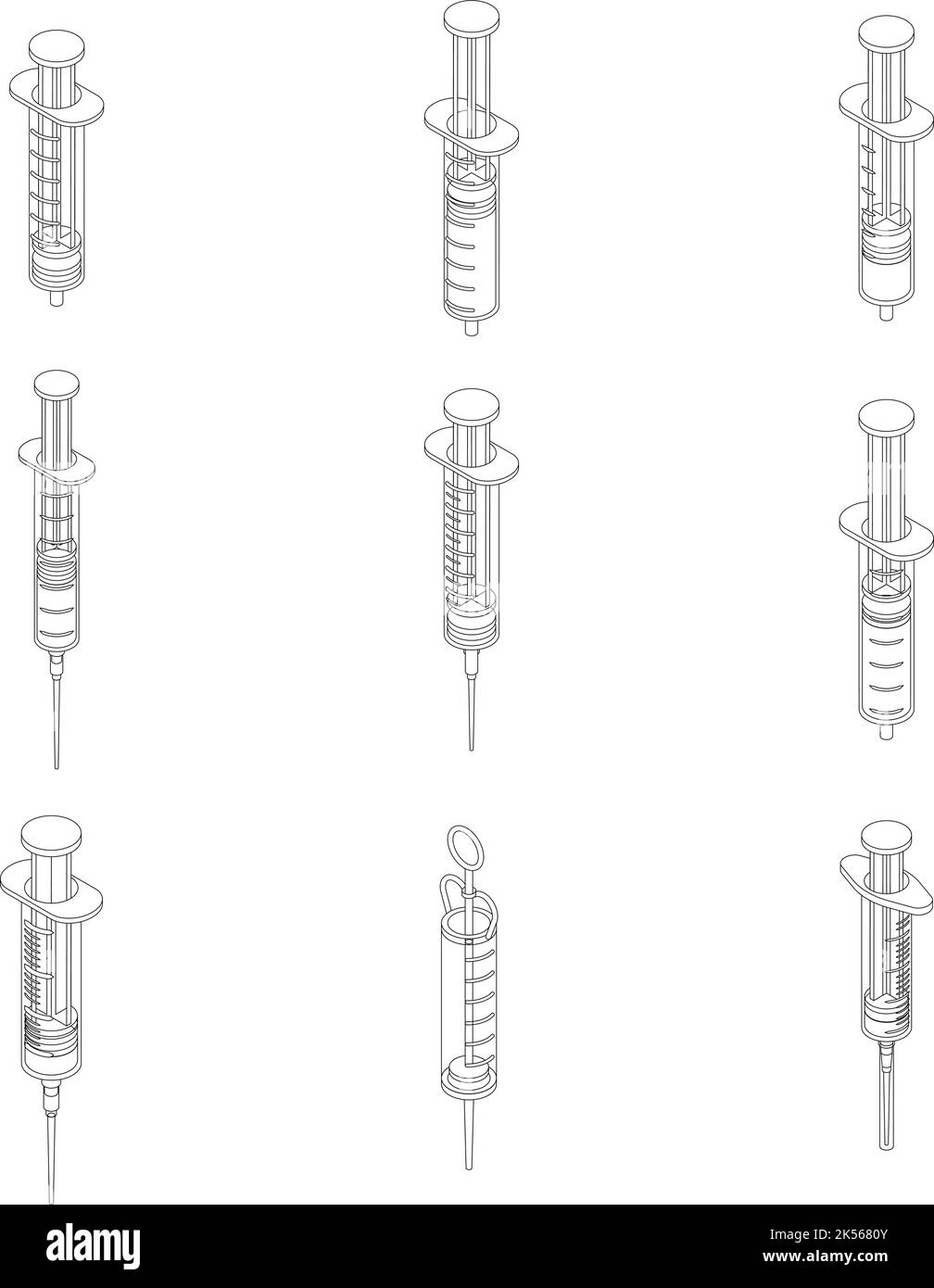 Jeu d'icônes de seringue. Ensemble isométrique d'icônes de vecteur de seringue avec contour isolé sur fond blanc Illustration de Vecteur