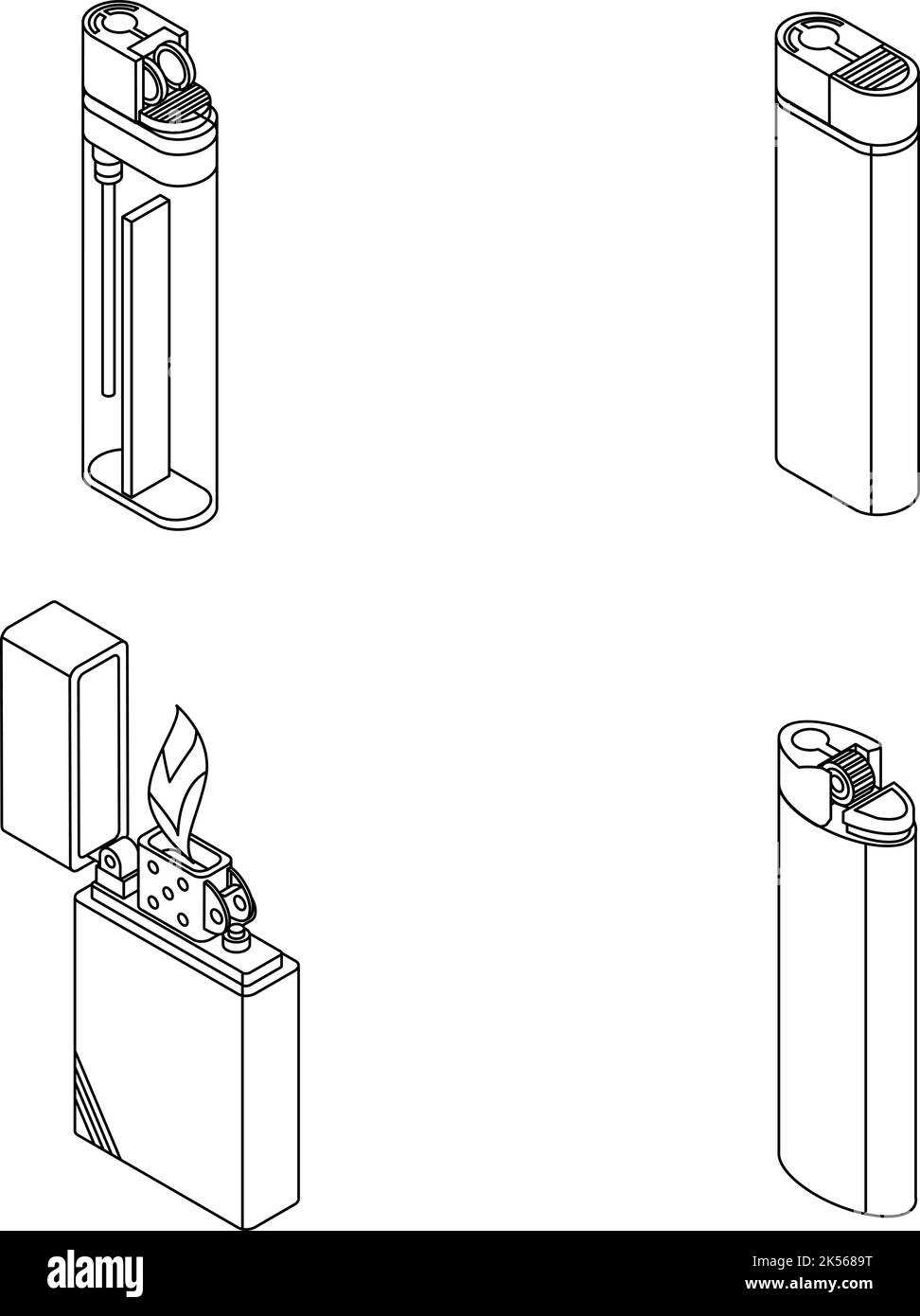 Icônes d'allume-cigare définies. Ensemble isométrique d'icônes vectorielles de allume-cigare avec contour isolé sur fond blanc Illustration de Vecteur