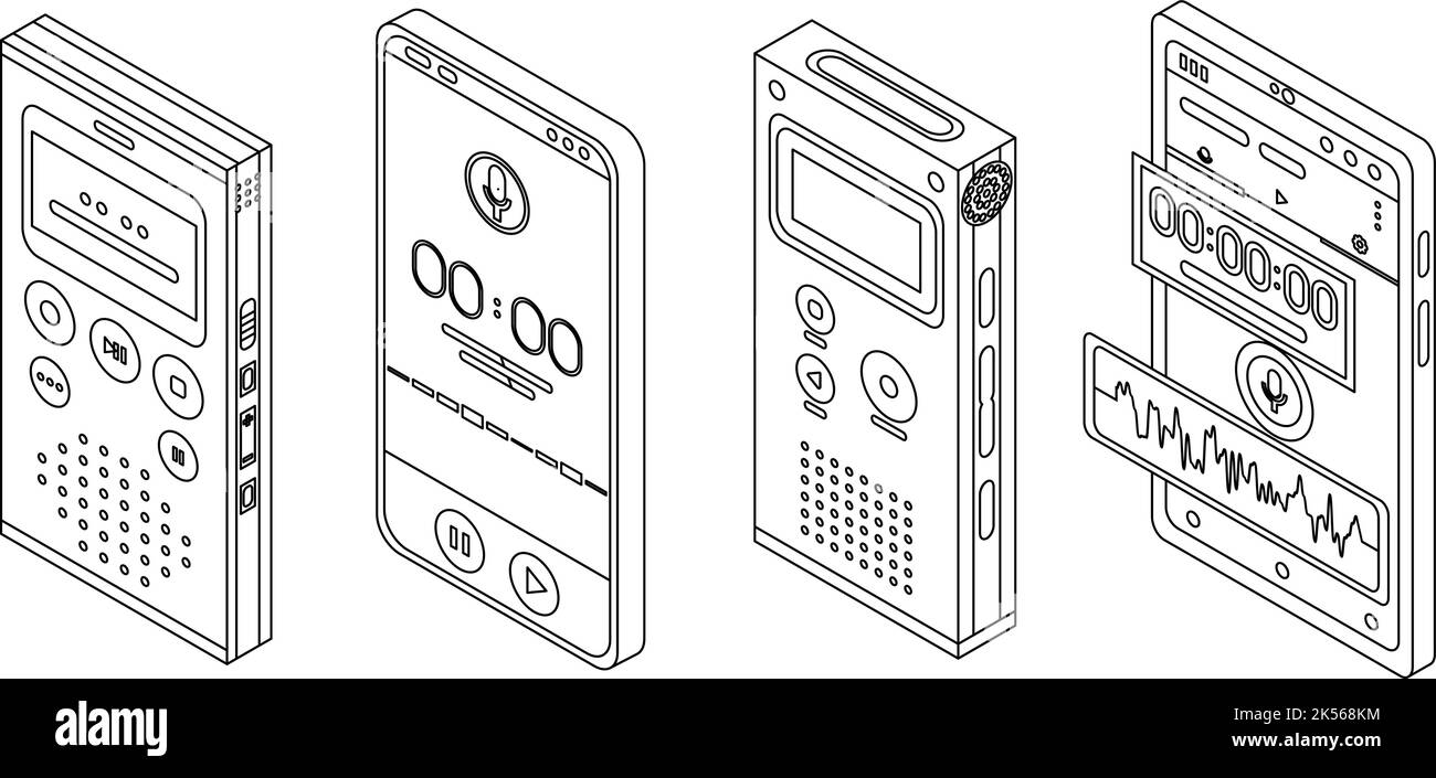 Icônes du dictaphone définies. Ensemble isométrique d'icônes de vecteur de dictaphone, avec un contour isolé sur fond blanc Illustration de Vecteur