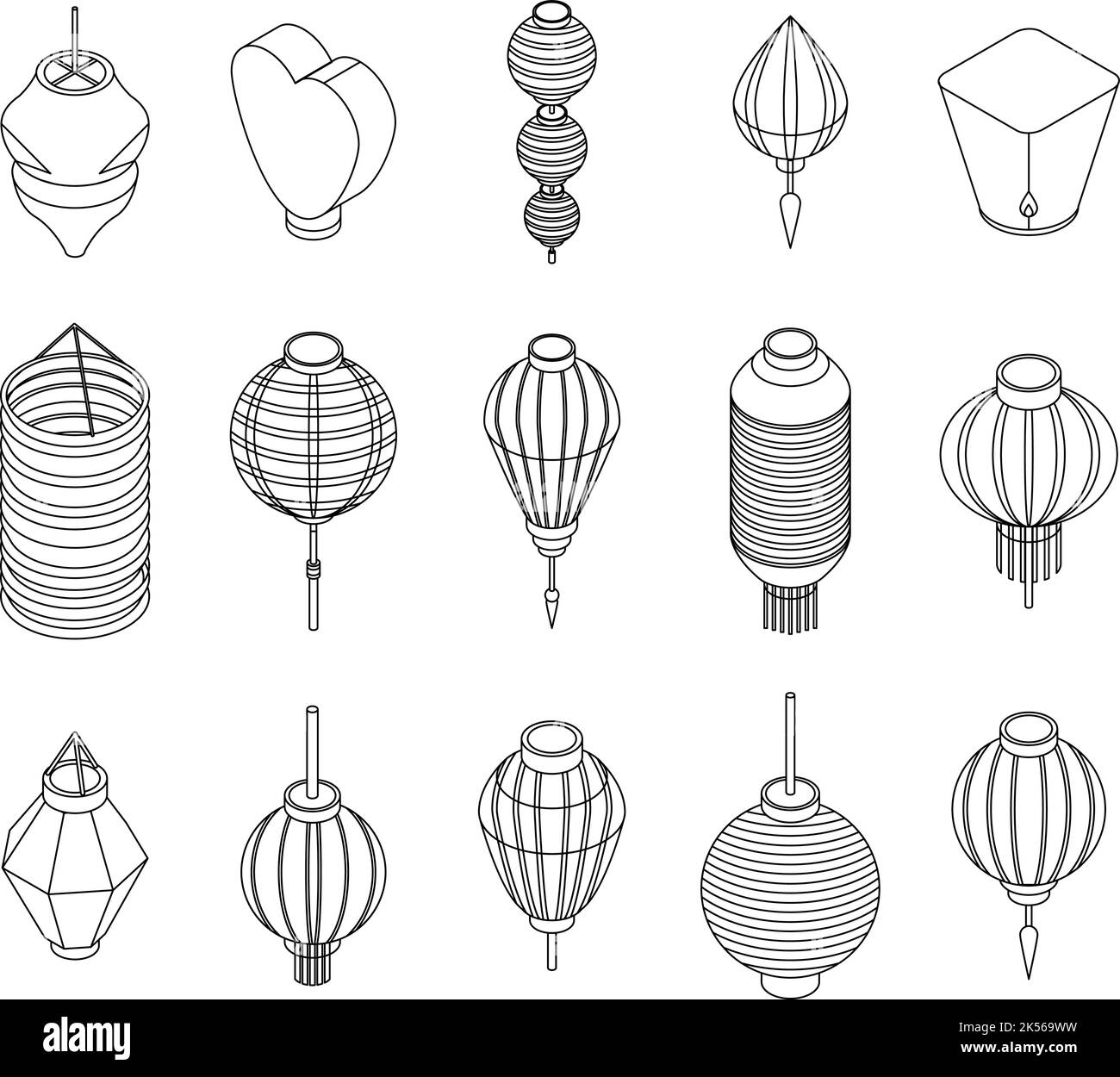 Ensemble d'icônes lanternes chinoises. Ensemble isométrique d'icônes vectorielles de lanternes chinoises avec contour isolé sur fond blanc Illustration de Vecteur