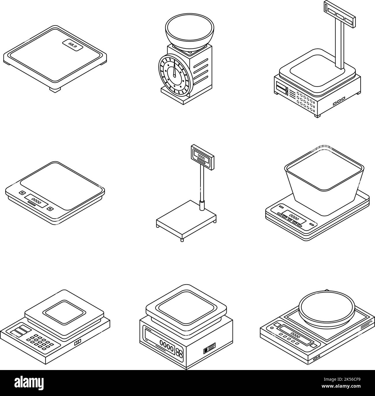 Ensemble d'icônes de balance. Ensemble isométrique d'échelles de pesage les icônes vectorielles sont isolées sur fond blanc Illustration de Vecteur