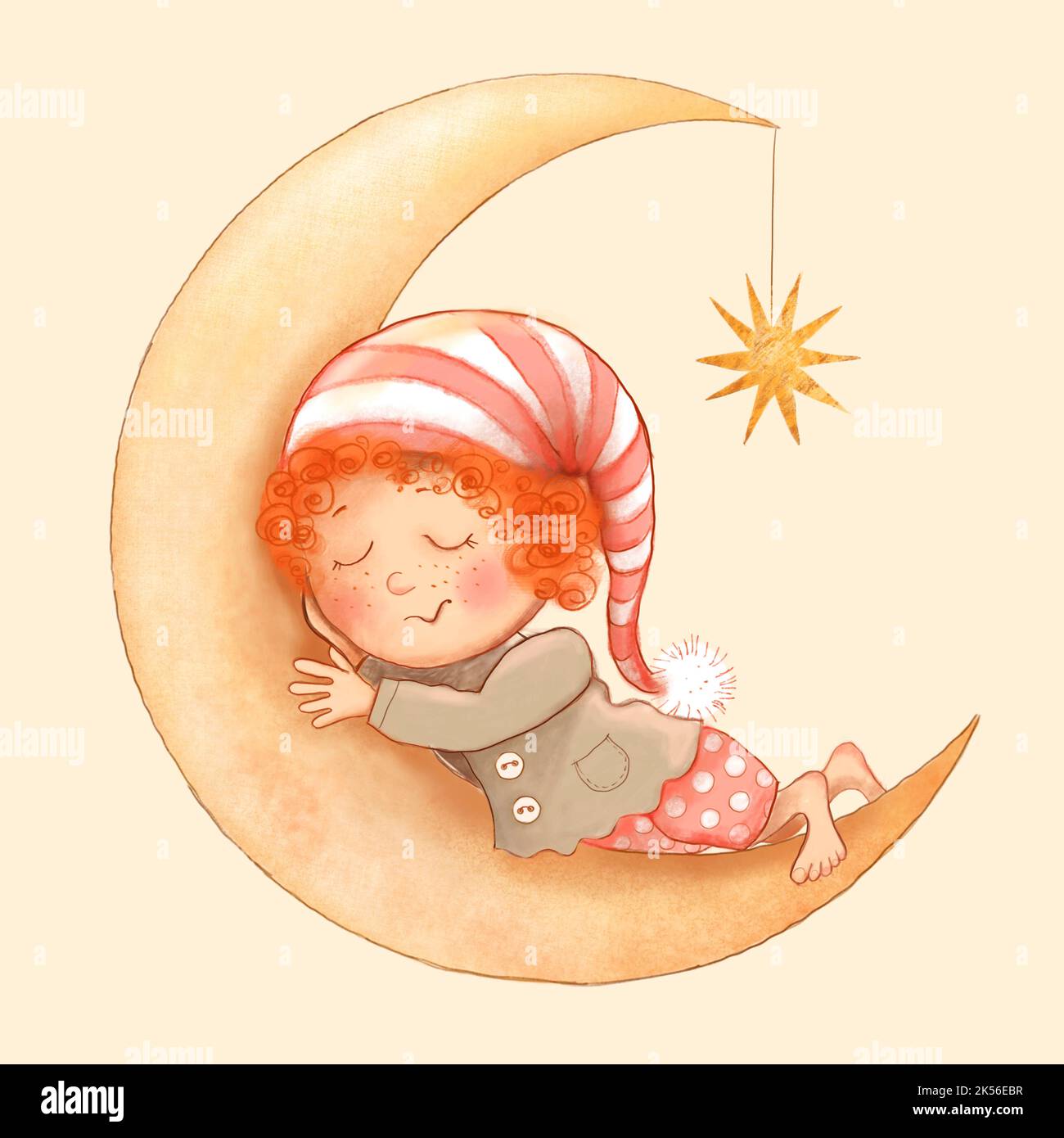 Petit gnome endormi avec lune et étoile Banque D'Images