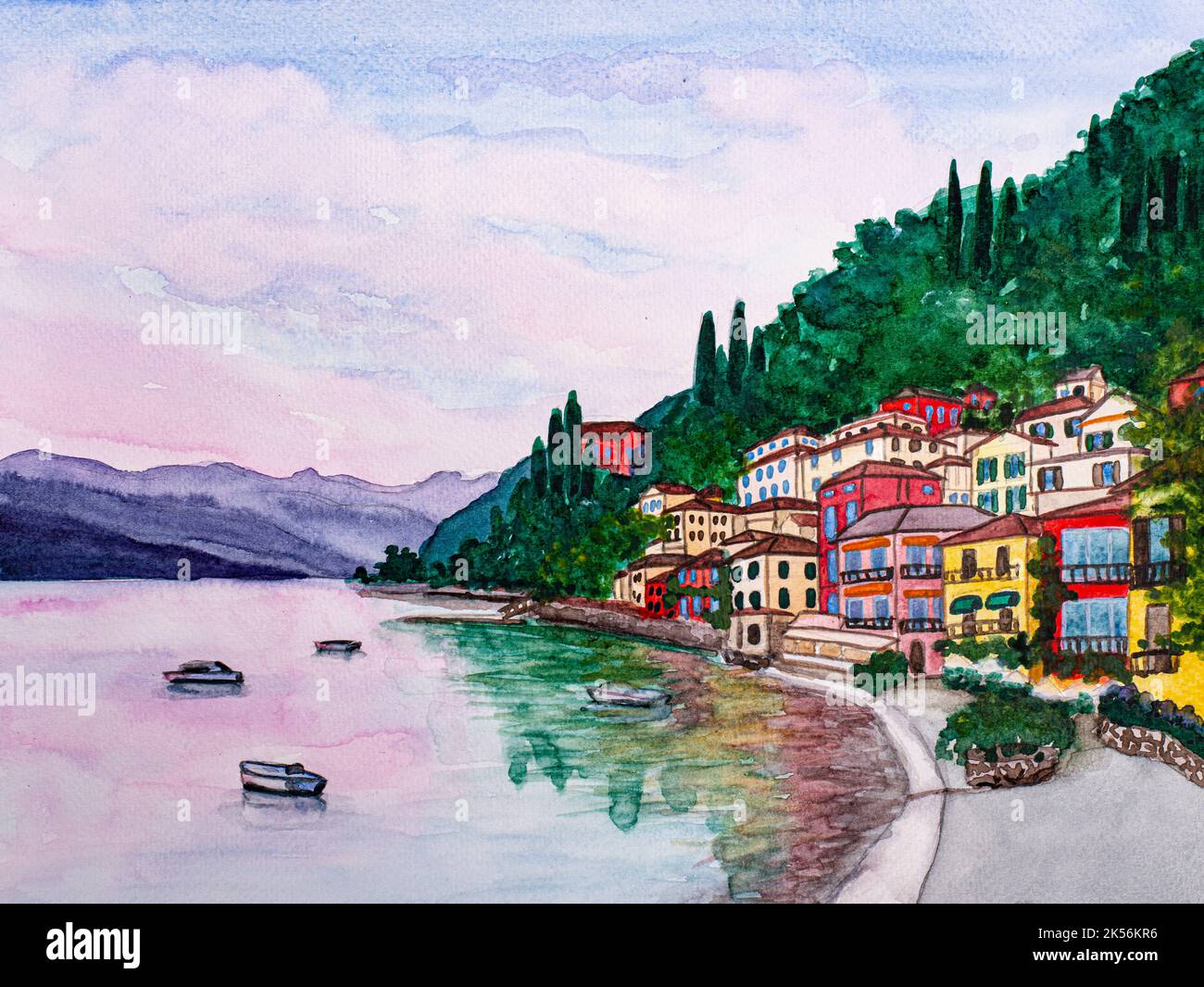 Lac de Côme en Italie, peinture à l'aquarelle Banque D'Images