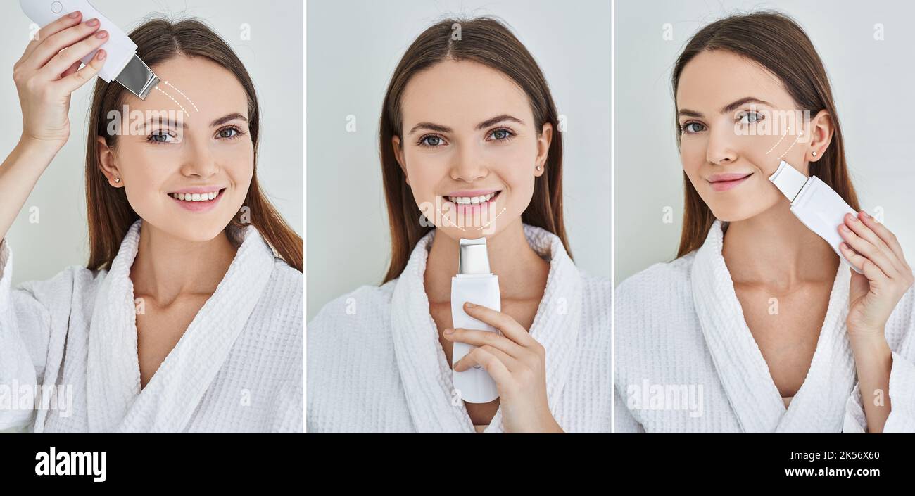 Peeling facial ultrasonique pour le visage de Pretty Woman avec scrubber ultrasonique. nettoyage du visage, image composite avec concept et flèches Banque D'Images