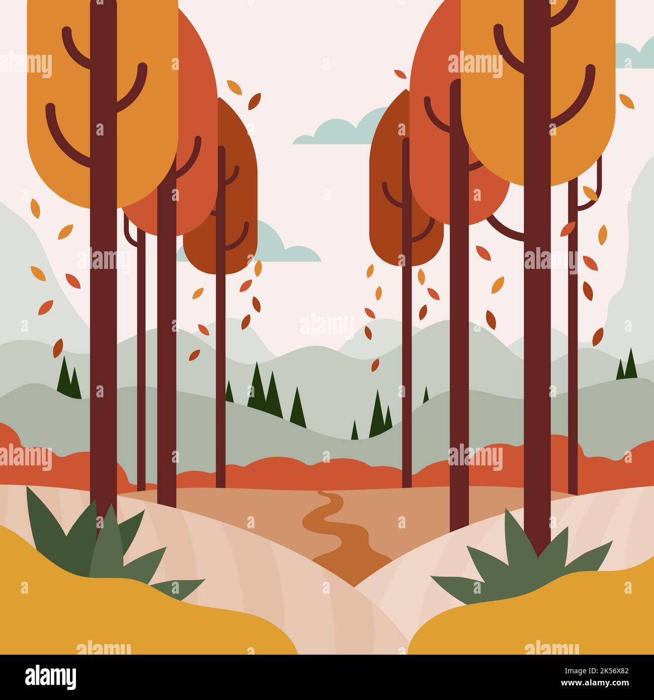 Paysage forestier d'automne avec chemin. Lumière dorée bucolique. Arbres dans une rangée avec des feuilles en chute. Illustration vectorielle, conception plate Illustration de Vecteur