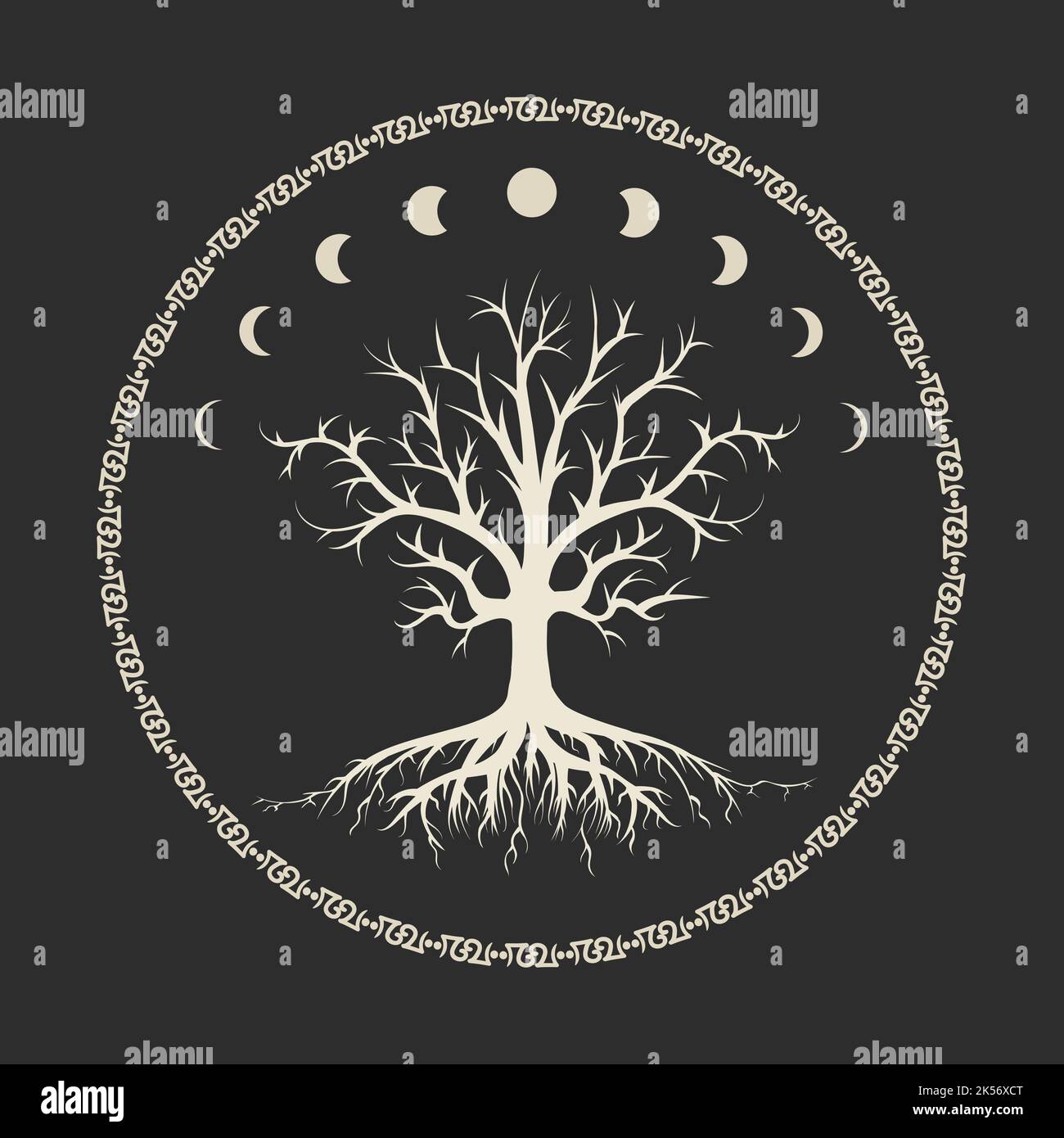 Arbre de vie et phases de lune Emblem ésotérique. Illustration vectorielle isolée sur noir Illustration de Vecteur