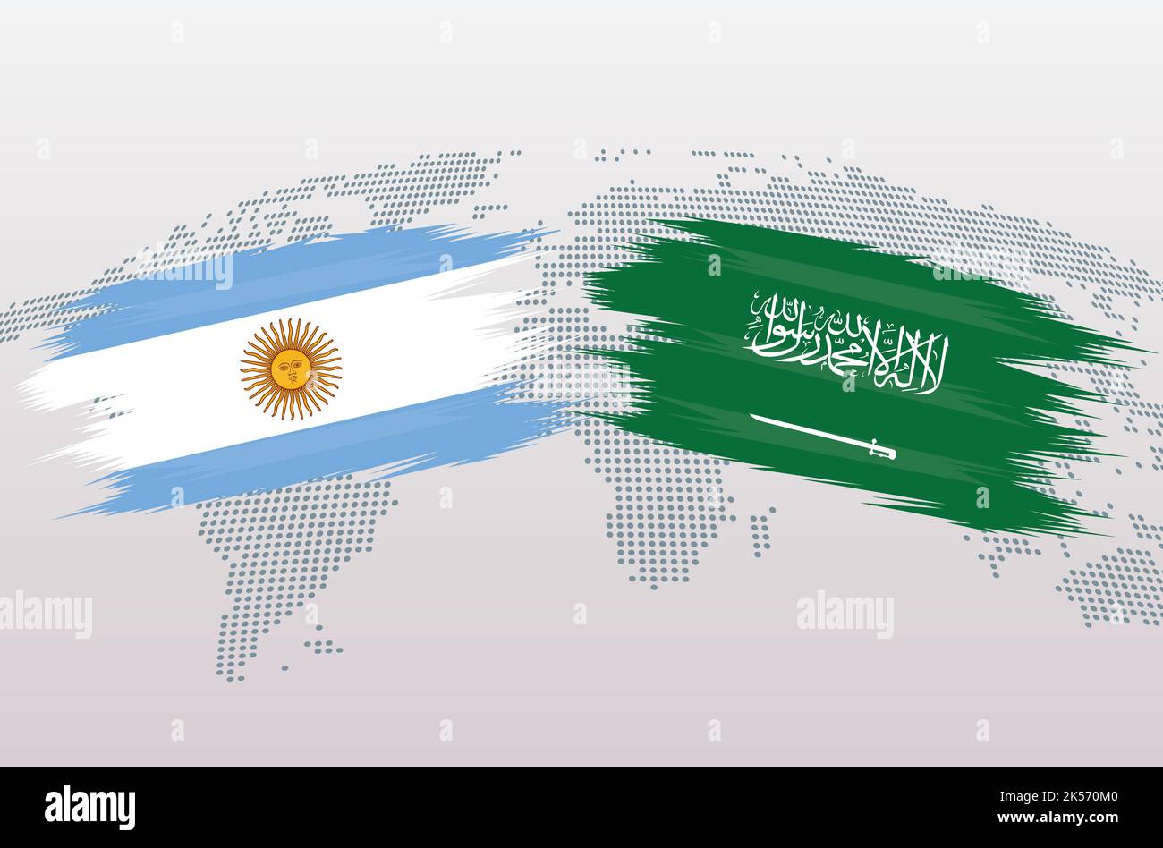 Argentine vs Arabie Saoudite ballon de football dans le design de drapeau sur la carte du monde fond pour le tournoi de football, vecteur pour le modèle de match de sport ou bannière. Illustration de Vecteur