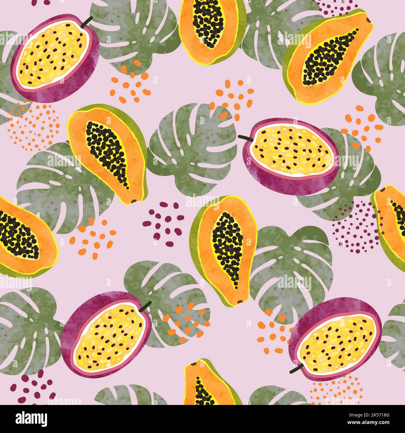 Motif de fruits tropicaux avec papaye aquarelle, fruits de la passion et feuilles de palmier. Illustration de Vecteur