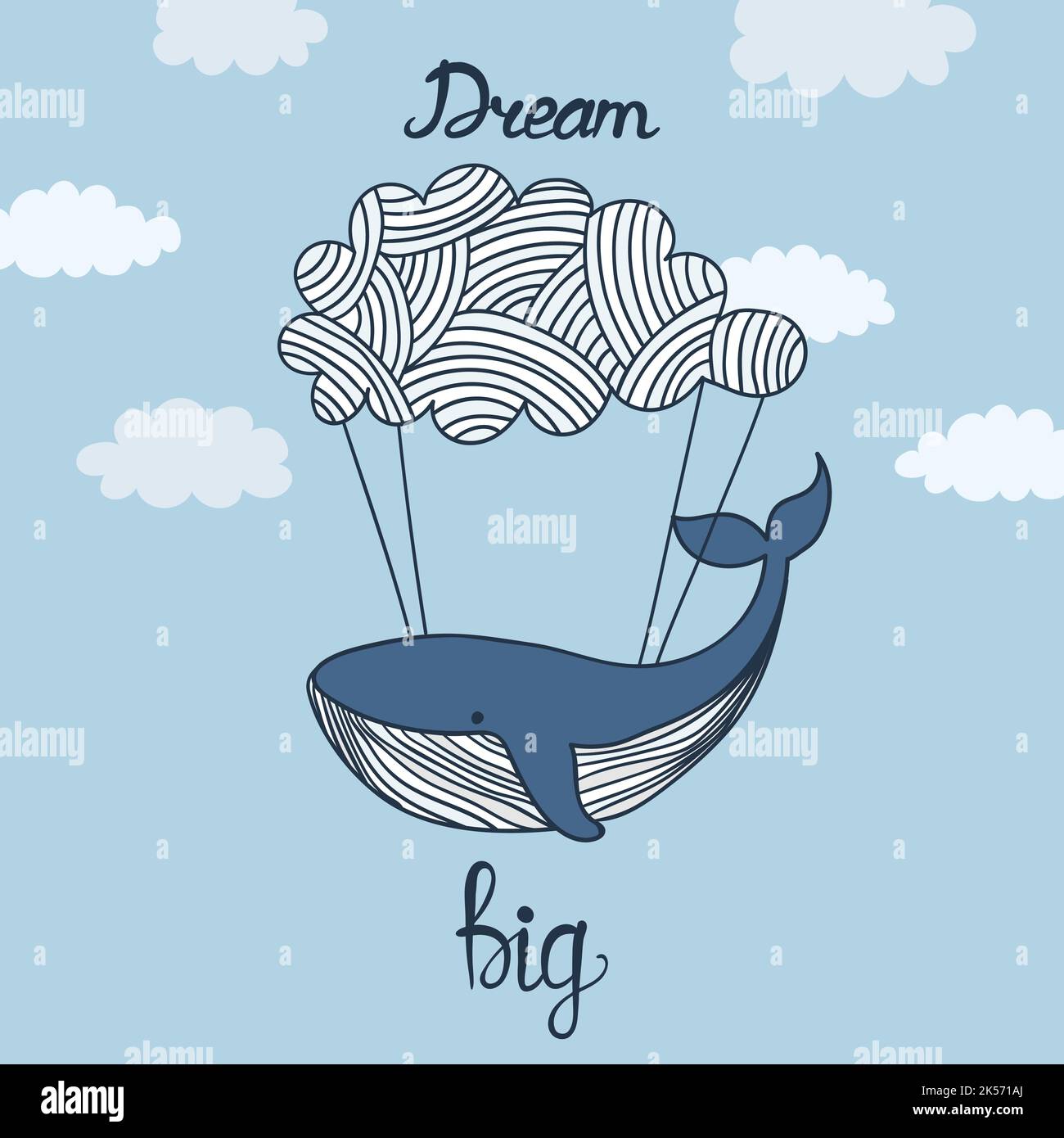 Rêvez de grosses lettres. Jolie baleine volant sur un nuage. Imprimé bébé Illustration de Vecteur