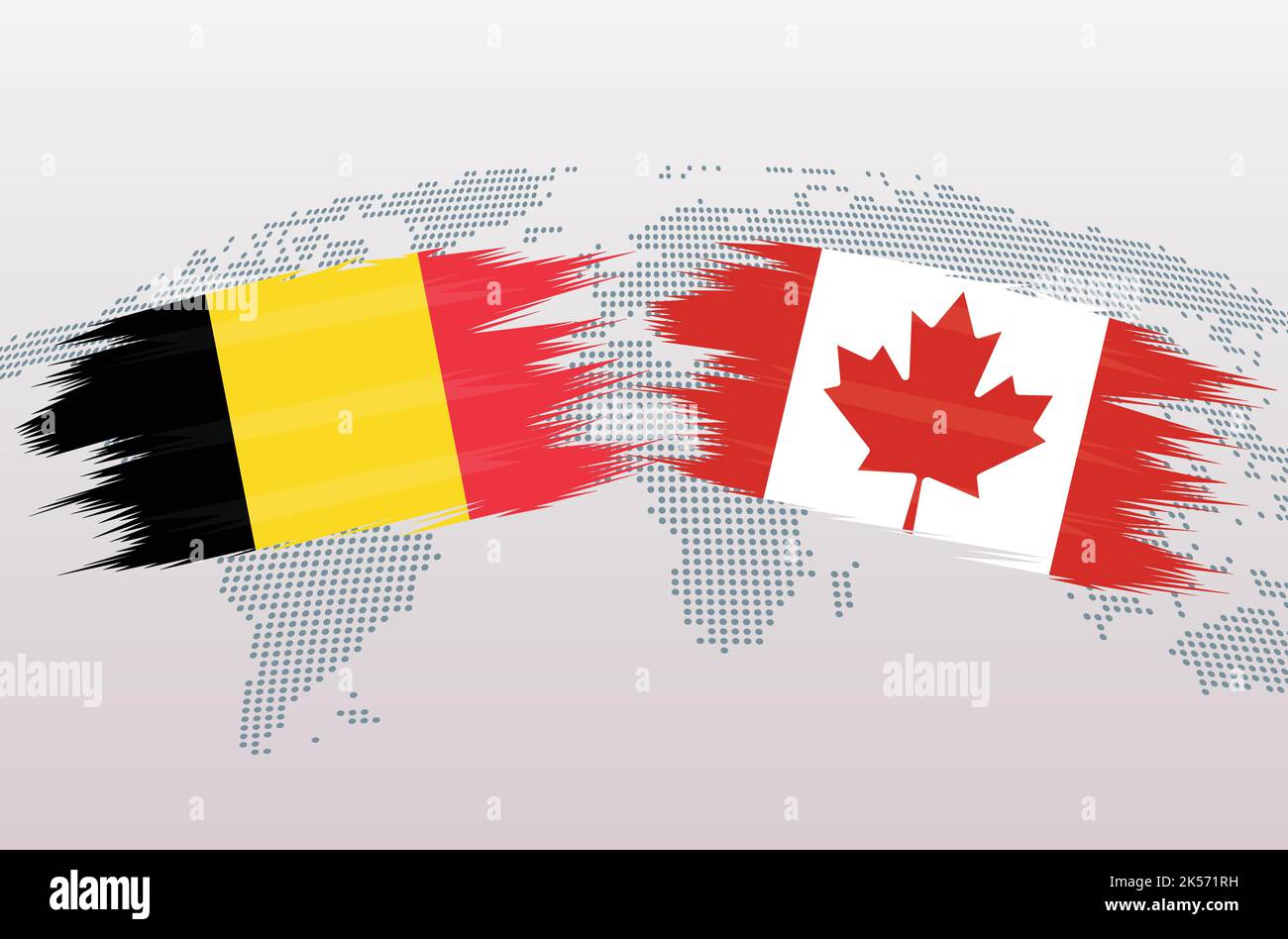 Belgique vs Canada ballon de football en drapeau sur fond de carte du monde pour tournoi de football, vecteur pour modèle de match de sport ou bannière. Illustration de Vecteur