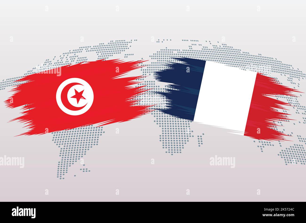 Tunisie vs France ballon de football en motif drapeau sur fond de carte du monde pour tournoi de football, vecteur pour modèle de match de sport ou bannière. Illustration de Vecteur