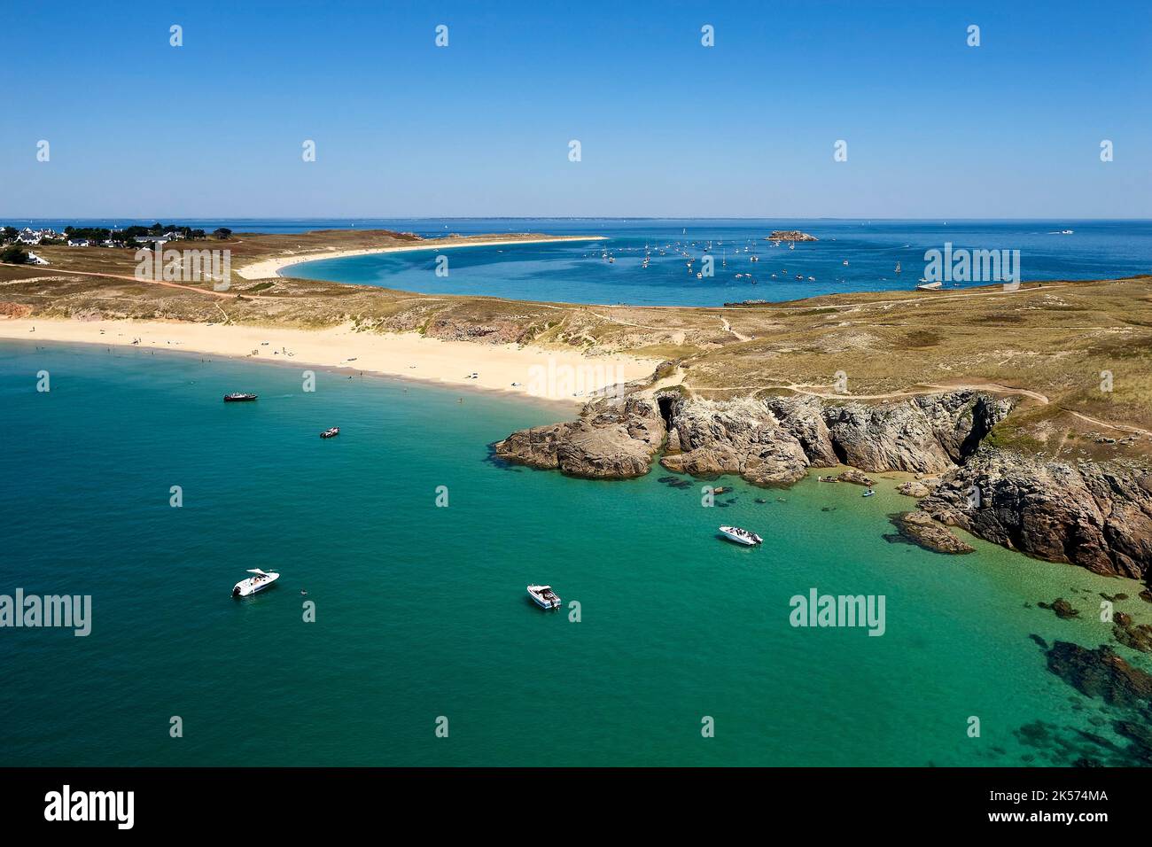 France, Morbihan, Iles Ponant, Houat, Tréac'h Salus (plage de Salus) (vue aérienne) Banque D'Images