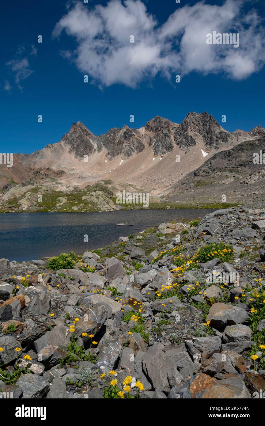 France, Savoie, Valmeinier, massif du Thabor, randonnée du Thabor, l'un des  lacs des Glaciers et les Pointes des Angélières Photo Stock - Alamy