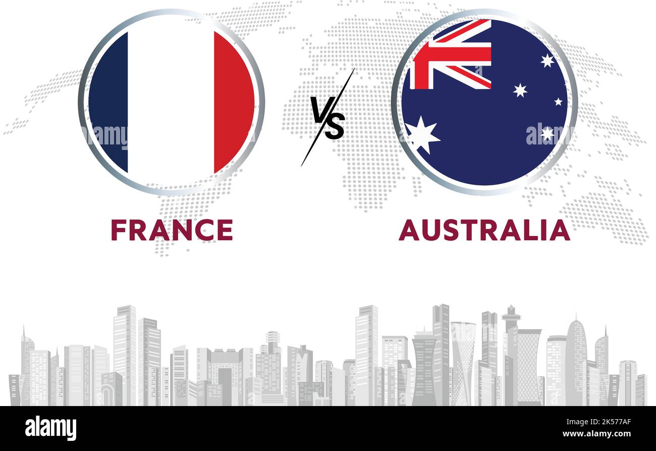 France vs Australie ballon de football en drapeau sur fond d'horizon Qatar pour tournoi de football, vecteur pour modèle de match de sport ou bannière. Illustration de Vecteur