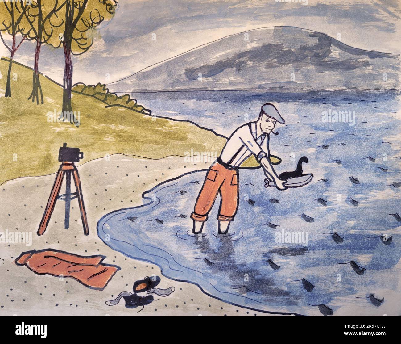 1930s scène de l'homme qui a fauché la célèbre 'photo de Surgeon' du monstre du Loch Ness, plaçant son faux modèle dans le lac avec caméra debout à côté. Banque D'Images