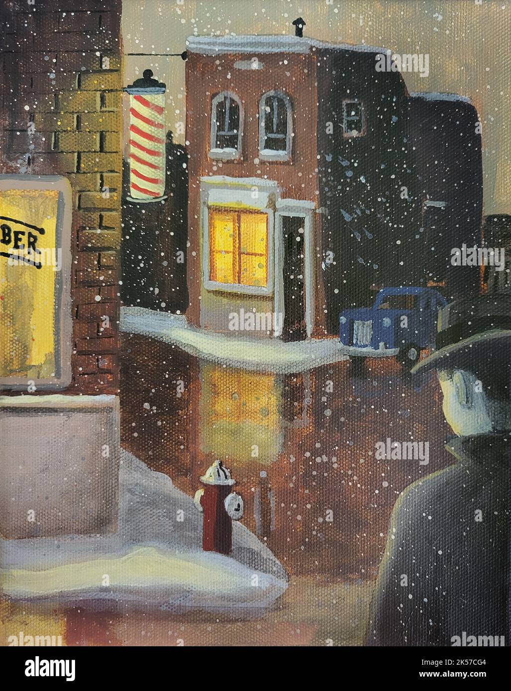 Scène rétro d'un homme à l'extérieur d'un salon de coiffure lors d'une nuit d'hiver humide et enneigée. Banque D'Images