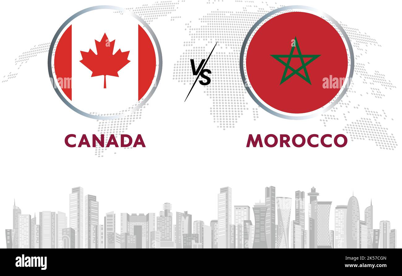Ballon de football du Canada contre le Maroc dans un drapeau sur fond d'horizon du Qatar pour un tournoi de football, vecteur pour un modèle de match de sport ou bannière. Illustration de Vecteur