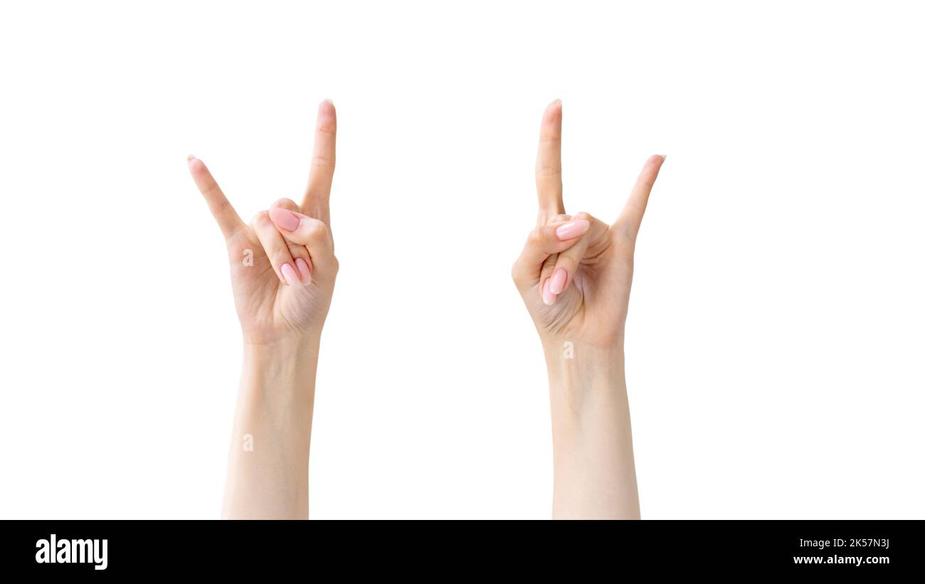 rock geste victoire joie mains cornes signe sur blanc Banque D'Images