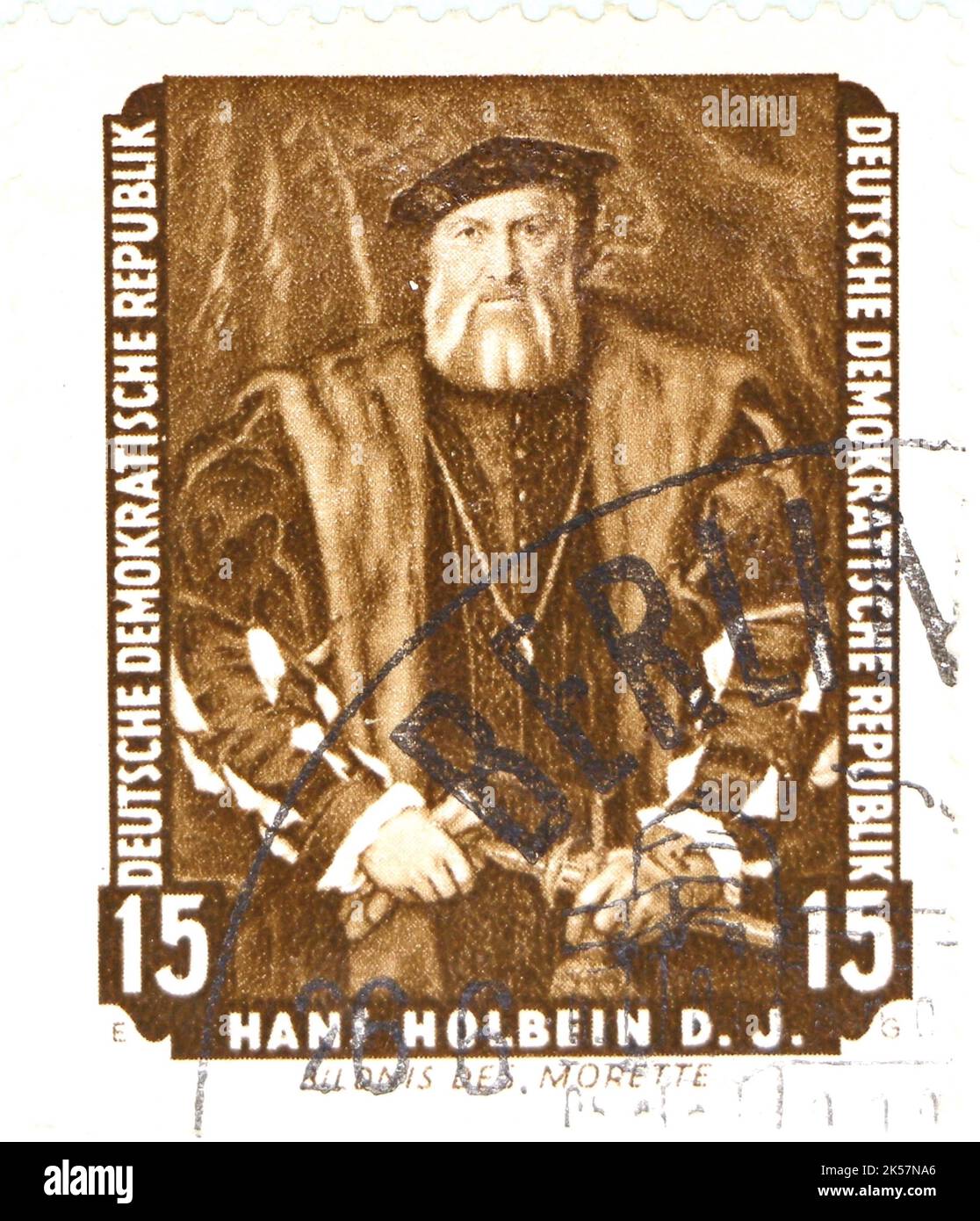 Photo d'un timbre-poste est-allemand Portrait de la Morette Hans Holbein le jeune a retourné des peintures de la Galerie de peinture de Dresde publié en 1957 Banque D'Images