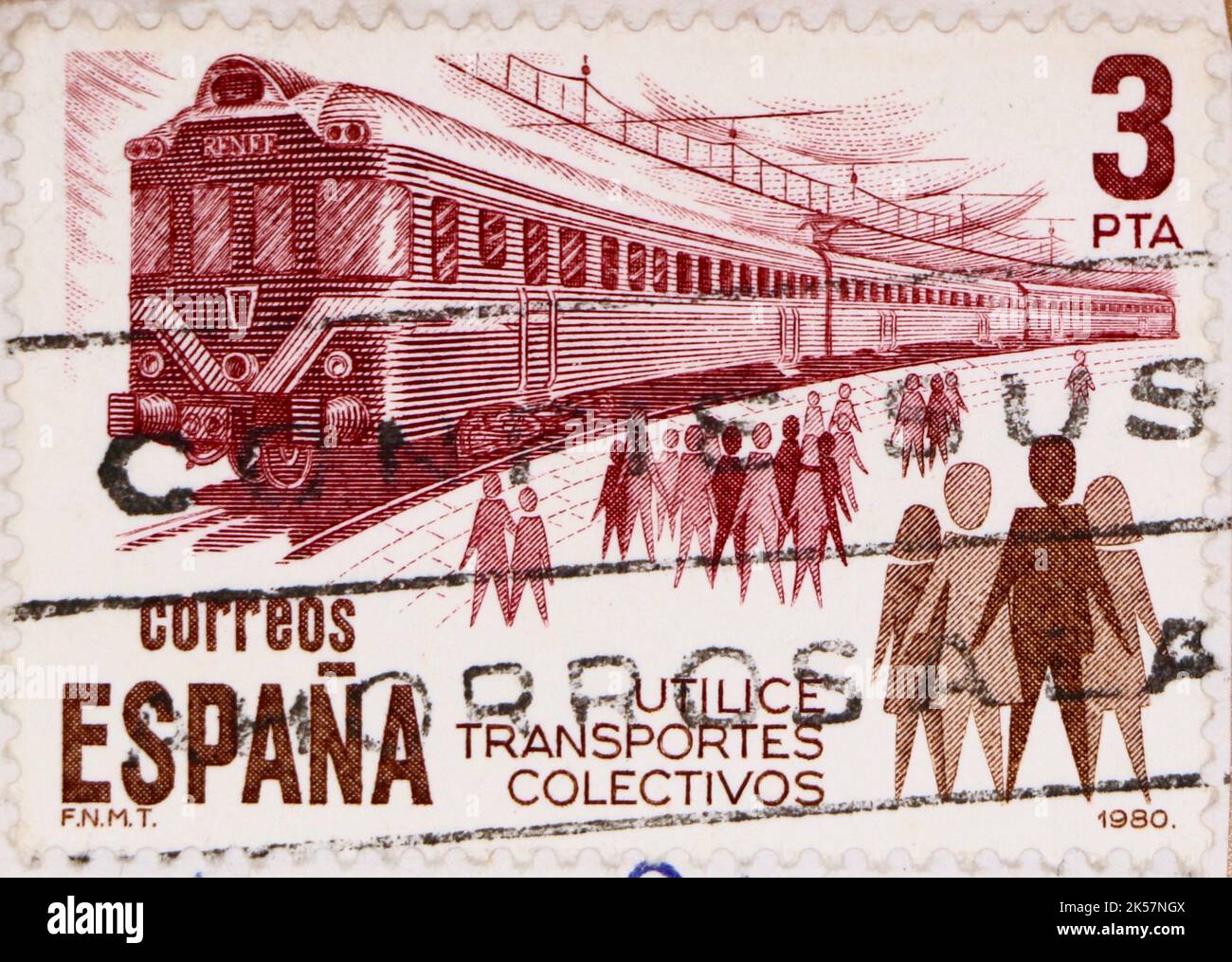 Photo d'un timbre-poste espagnol avec illustration d'un train représentant les transports publics 1980 Banque D'Images