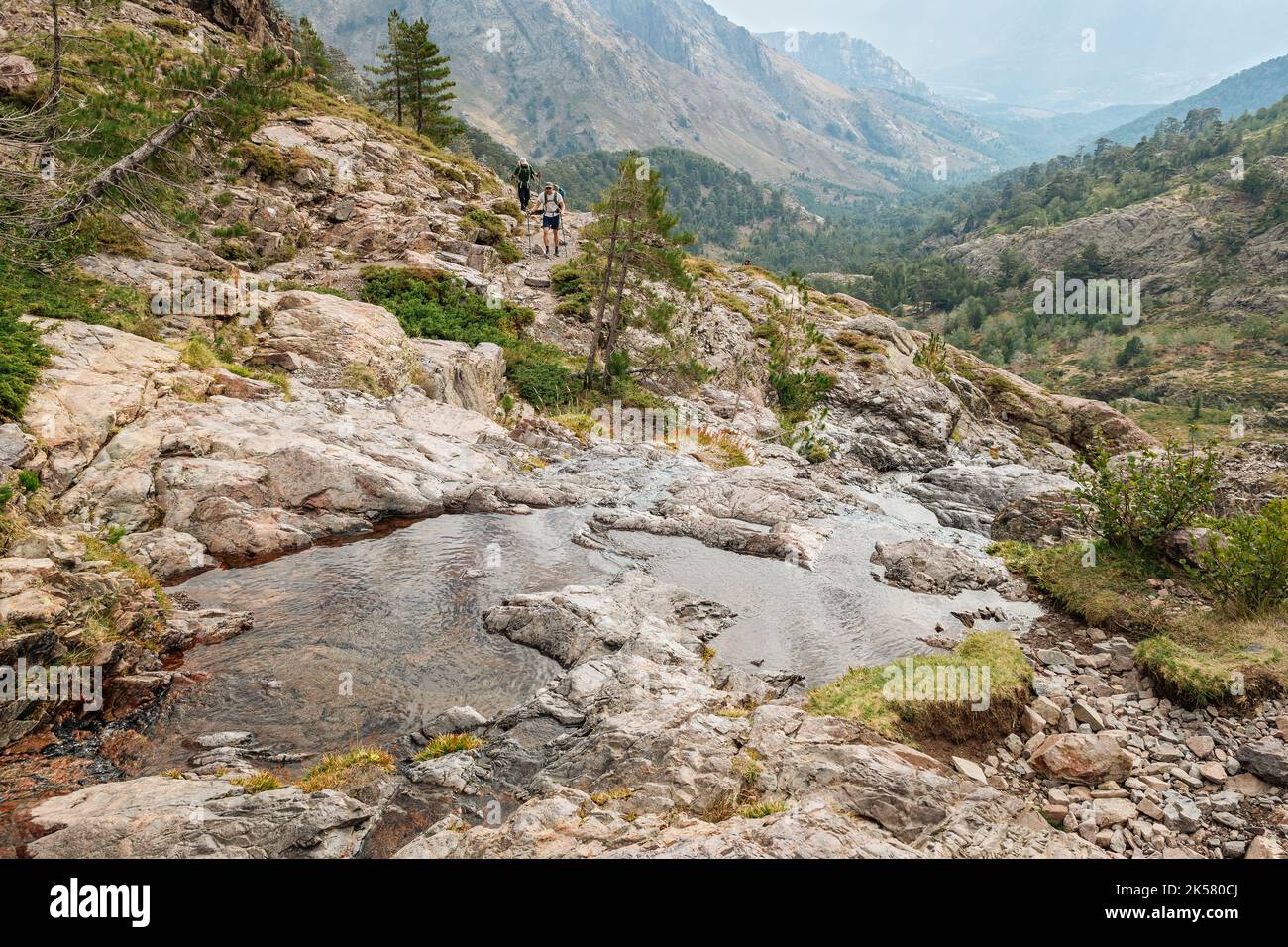 Ruisseau et rochers entre Tighjettu et Ciottulu di i Mori, GR20, Corse, France Banque D'Images