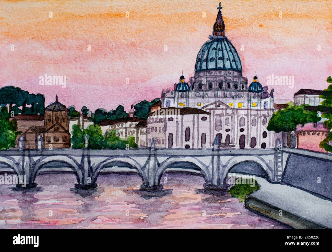 Pont Angelo et basilique Saint-Pierre à Rome, Italie. Aquarelle Banque D'Images